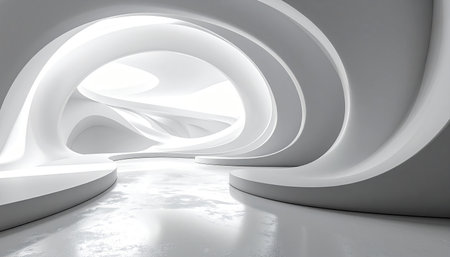 A bright, futuristic architectural space with smooth, flowing white curves and a wet, reflective floor.の素材