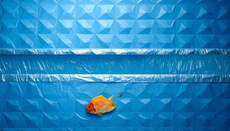 A single bright orange goldfish swims in a blue textured pool divided by plastic sheeting.の素材