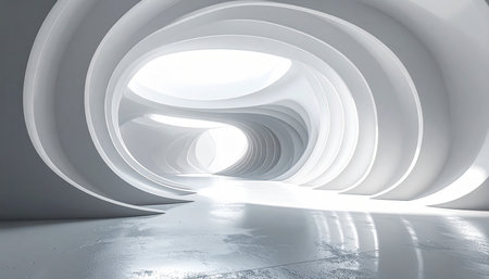 A long white futuristic tunnel with repeating swirling architectural elements and bright light at the end.の素材