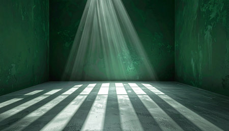 A green room with light streaming through bars, casting striped shadows on the floor.の素材