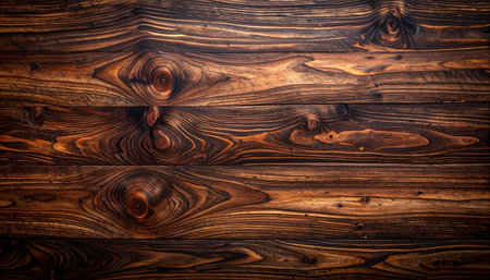 A full frame of horizontal dark wood planks showcasing strong grain patterns and numerous natural knots.の素材