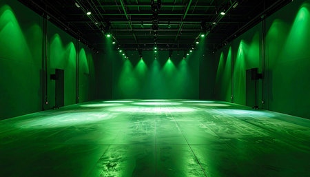 A vast industrial studio with a concrete floor and high ceiling, bathed in green spotlights.の素材