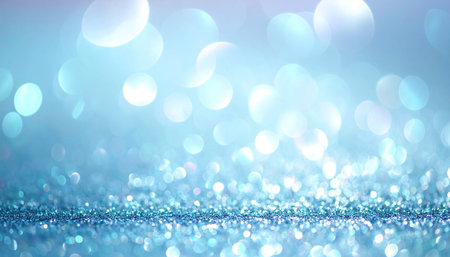 Soft light blue and white bokeh lights shimmer over a glittering surface in this abstract background.の素材