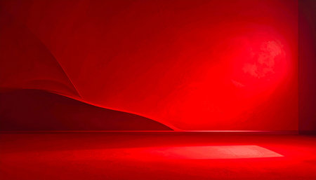 Red room with soft ambient light and subtle curved forms on the wall. Clear details and vibrant colors enhance visual...の素材