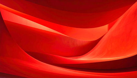 Panoramic red abstract background with layered curved forms and dramatic light and shadow play.の素材