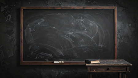 An old chalkboard with a book on a wooden desk against a dark textured wall. Clear details and vibrant colors enhance...の素材