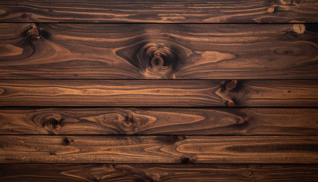Rustic dark brown wood planks arranged horizontally with visible knots and natural grain patterns.の素材