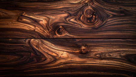 Close-up of dark wood grain texture with prominent knots and distinct, organic grain lines.の素材