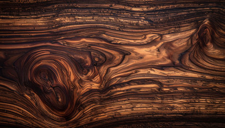 A richly textured dark wood surface features swirling grain patterns and prominent knots, creating an abstract look.の素材