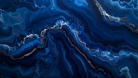 A rich blue agate surface with flowing gold lines and dark, deep blue accents creating a marbled effect.の素材