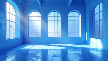 A large blue room with arched windows and sunlight creating patterns on the floor.の素材