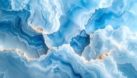 Close-up of a blue agate stone with intricate swirling patterns and thin golden veins.の素材