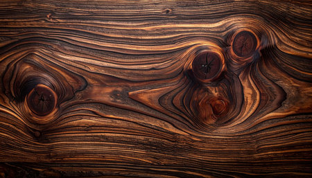 A textured dark wood surface featuring multiple knots and distinct wavy grain lines across the planks.の素材