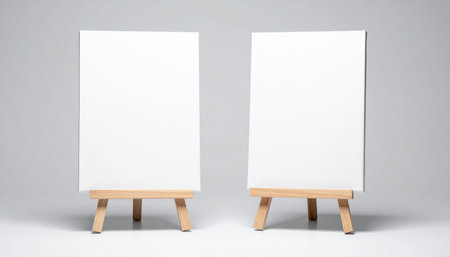 Two vertical blank white canvases are displayed on wooden artist easels against a light gray background.の素材