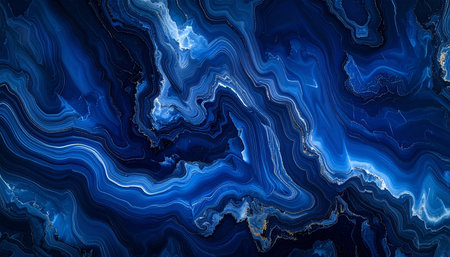 Abstract background design of a vibrant blue agate texture with flowing patterns and golden streaks.の素材