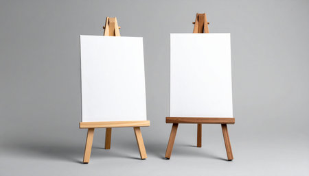 Two blank white canvases are displayed on wooden easels with different wood tones.の素材