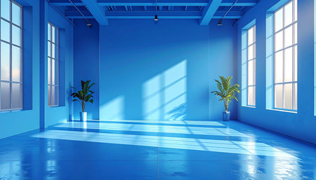 A blue room with tall windows, potted plants, and sunlight casting shadows. Clear details and vibrant colors enhance ...の素材