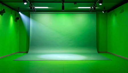 An empty studio with a vibrant green screen backdrop illuminated by a dramatic spotlight and overhead lights.の素材