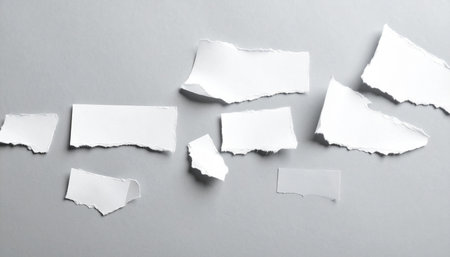 Various small white paper scraps with torn, jagged edges are scattered across a plain gray surface.の素材