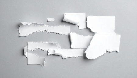 Assortment showing assortment of torn white paper fragments on gray background keywords: torn paper, ripped paper,...の素材