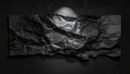 A long sheet of crumpled black paper is dramatically lit by a spotlight against a dark textured wall.の素材