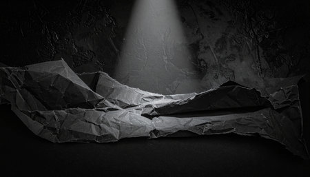 A crumpled black paper forms a landscape under a focused spotlight against a textured dark wall.の素材
