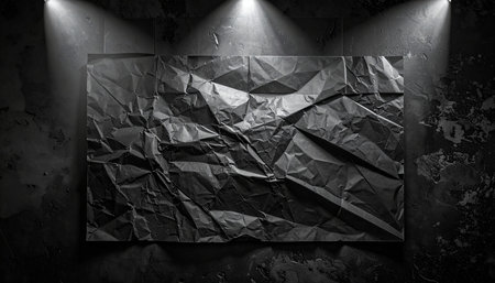 A large, crumpled black paper sheet is displayed on a textured dark wall, lit by three spotlights.の素材