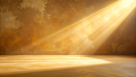 A dramatic golden sunbeam illuminates a textured wall and floor, casting long shadows and creating a warm glow.の素材