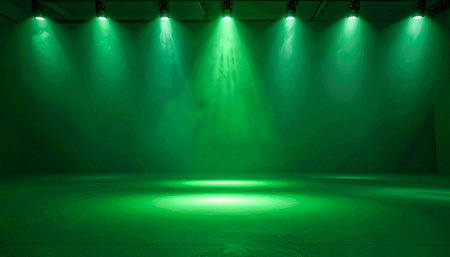 A dark green screen studio illuminated by a row of multiple ceiling spotlights. Clear details and vibrant colors enha...の素材