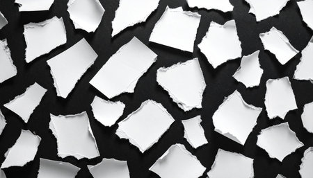 A dense scattering of small, torn white paper pieces covers the entire dark black surface.の素材