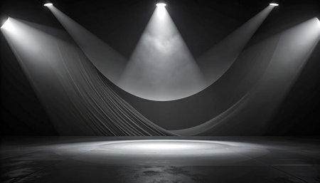 Dramatic stage lighting with smoke effects and a curved fabric backdrop. Clear details and vibrant colors enhance vis...の素材