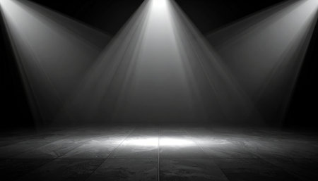 Three bright spotlights cast dramatic beams of light onto a textured concrete floor.の素材
