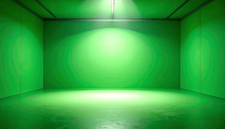 An empty green studio room with a large circular spotlight creating a bright area on the back wall.の素材