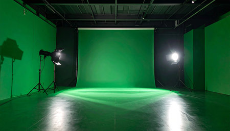 An empty green screen studio with two professional film lights illuminating the floor.の素材