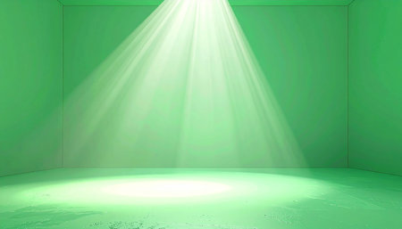 An empty green studio room with a bright spotlight shining down from the ceiling onto the floor.の素材