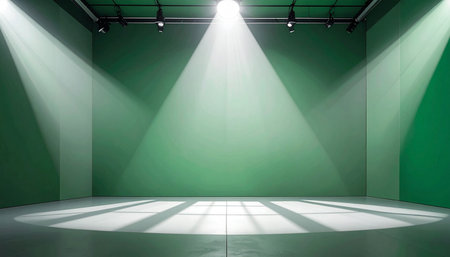 An empty room with green walls and a single spotlight creating distinct geometric shadows.の素材