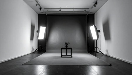 An empty photography studio with lighting equipment and a small plant on a table. Clear details and vibrant colors en...の素材