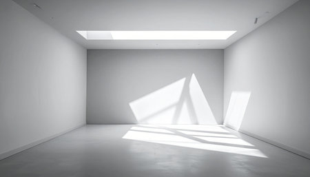 Backdrop showing empty white room with skylight and geometric sunlight shadows on floor and walls. High resolution...の素材