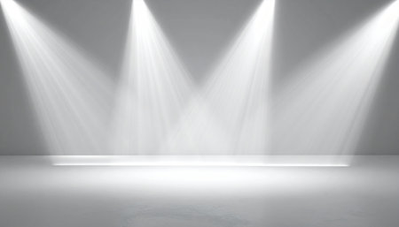 Four bright spotlights shine down, creating distinct beams of light on a clean, empty stage floor.の素材