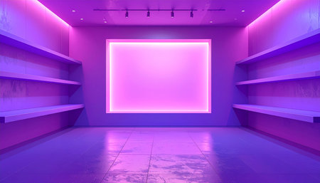 Empty showroom with shelves and a central glowing pink and purple illuminated frame.の素材