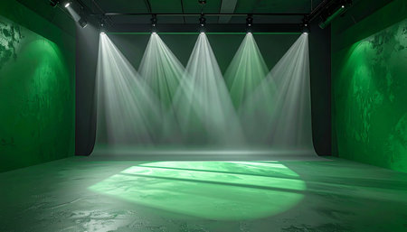 An empty studio with textured green walls and dramatic white spotlight beams on the floor.の素材