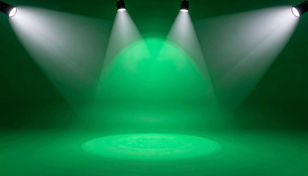 An empty studio space illuminated by green lighting and focused spotlights creating bright circles on the floor.の素材