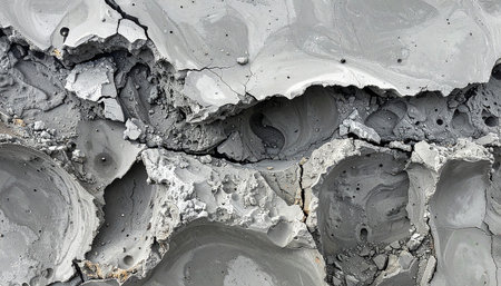 Extreme close up of severely cracked and crumbling concrete with rough textured holes and deep fissures.の素材
