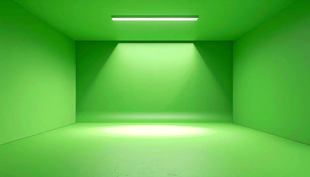 Green empty room with spotlights on the wall. 3D renderingの素材