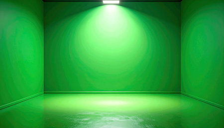 green empty room with spotlights in the wall and floor, 3d renderingの素材