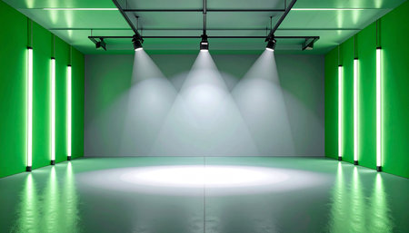 green spotlights on the wall in the gallery. 3d renderingの素材