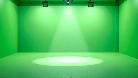 Empty green stage with spotlights. 3D rendering. Mock up.の素材