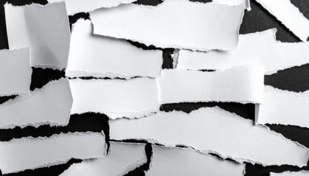 Several horizontal torn white paper strips with rough, uneven edges overlap each other on a dark surface.の素材