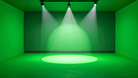 An empty green studio with three spotlights casting bright beams of light onto the floor.の素材