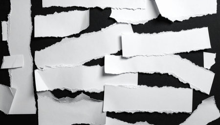 Various white paper strips, some horizontal and some vertical, with torn edges are arranged on a dark black background.の素材